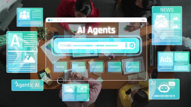 Innovative workspace with AI agents technology showcasing interactive prompts for writers, designers, chatbots in a collaborative environment Sigmoid
