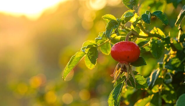 Glowing rosehip on a leafy branch, softly lit by warm golden sunlight against a blurred background