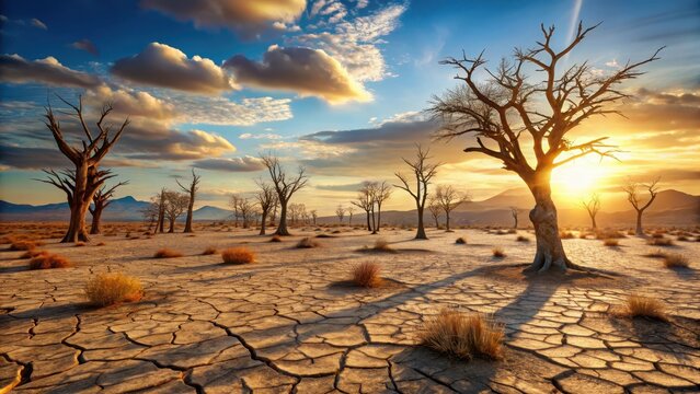Barren wasteland with cracked earth and dead trees