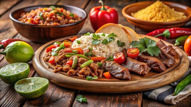 Deliciosa comida mexicana con arroz y carne en plato de madera