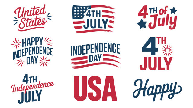 Set of patriotic independence day and 4th of july celebration logos with stars stripes and fireworks in red white blue colors for american national