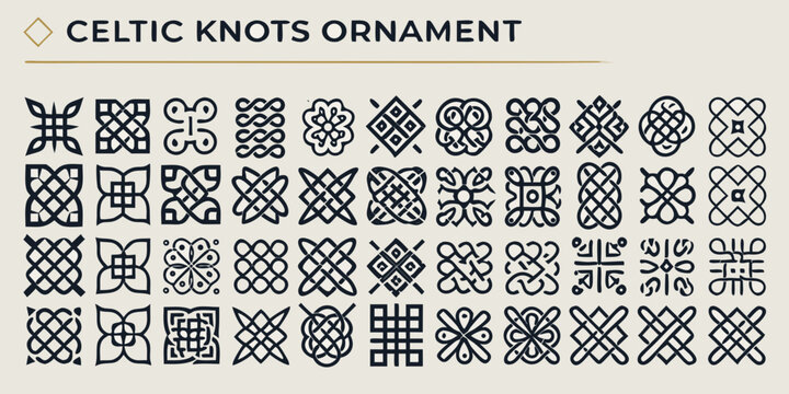 Collection Of Twenty Four Black Celtic Knot Ornaments On A Light Beige Background design knotwork