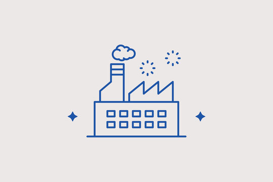Sawtooth roof factory with main smoking chimney line icon for industrial workshop navigation, manufacturing workflow mapping. Clear vector illustration for operational management interfaces.