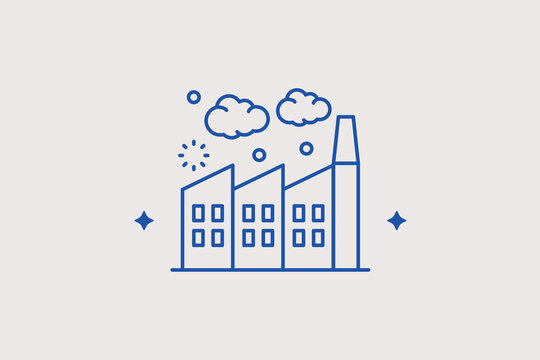 Sawtooth factory building with tall smoking chimney line icon for manufacturing plant tracking, heavy industry real estate. Modern vector illustration for urban planning apps, navigation tools.