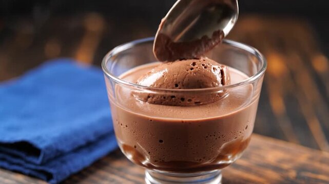 Spoonful of airy chocolate mousse being lifted from a glass bowl on a rustic wooden table with a blue napkin