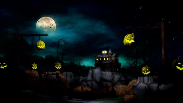 Spooky Halloween night background with haunted house, glowing jack o lanterns, full moon, and bats flying in dark cloudy sky, animated eerie spooky cemetery landscape.