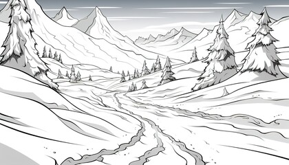 Fototapeta premium A serene black and white illustration of a snowy mountain landscape with trees
