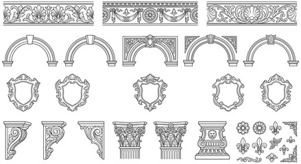 Set of classic architectural elements including arches columns and borders. © SHUVO