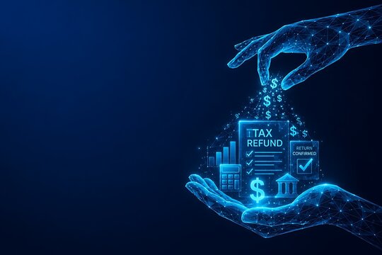 Tax refund financial document processing. futuristic low poly illustration AI tax assistant with document accounting business. futuristic low poly illustration AI tax assistant
