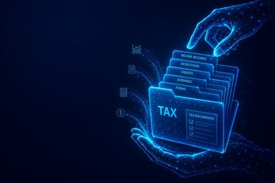 Digital folder managed by AI hand. futuristic low poly illustration AI tax assistant with wireframe technology document automation. futuristic low poly illustration AI tax assistant