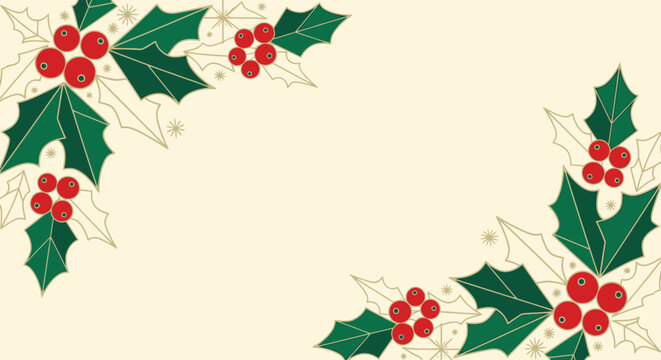 Christmas Holly Berries and Leaves Border with Golden Stars on Cream Background