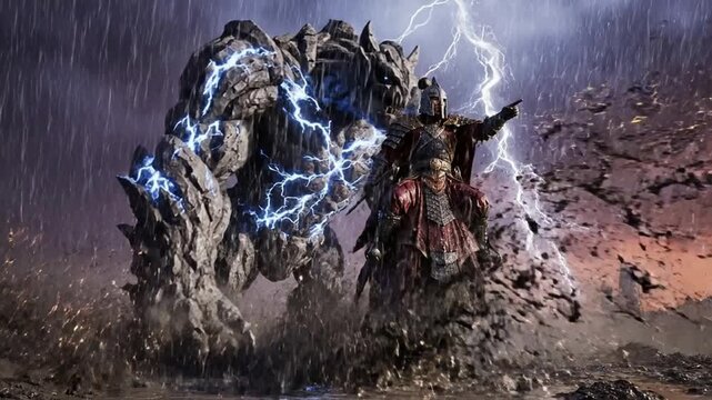 Epic fantasy warrior commanding a massive electric rock golem in a stormy battlefield, cinematic 3 d animation of magical power and dark sorcery