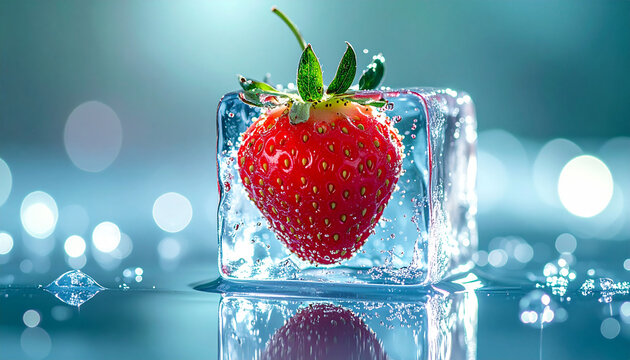 A fresh red strawberry frozen inside a crystal clear ice cube on a reflective surface with a cool blue bokeh background