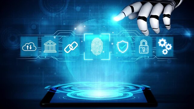Advanced Technology in Digital Security and Fingerprint Identification Featuring a Robotic Hand Touching a Tablet Screen. Entropy.
