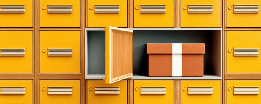 Open yellow locker with a gift box inside on a wall of vintage storage lockers