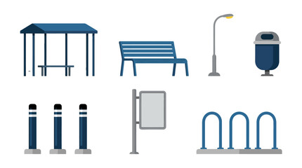 Fototapeta premium Collection of urban street furniture and city infrastructure icons in blue and grey colors.