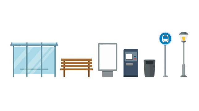 Flat Vector Illustration of Urban Street Furniture and City Infrastructure Elements Isolated on White.
