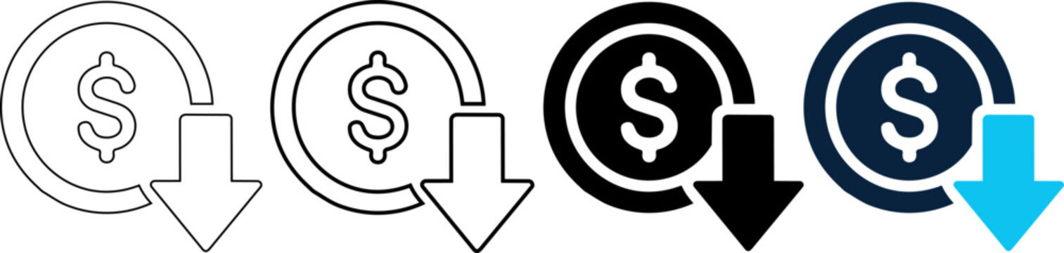 Set of dollar coin icons with down arrow, financial loss symbols, vector illustration editable line icons and editable vector illustration