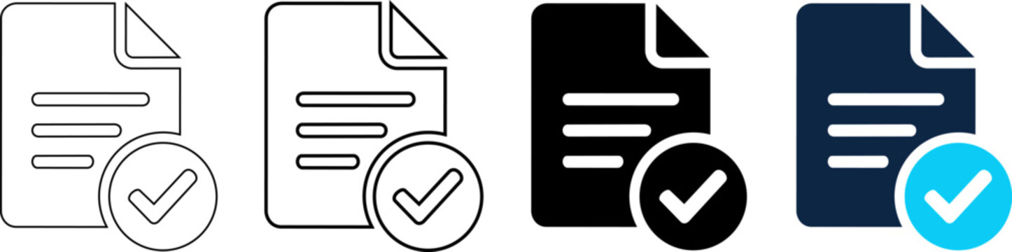 Set of document icons with check mark, verified file, approved document, success status, vector illustration editable line icons and editable vector illustration
