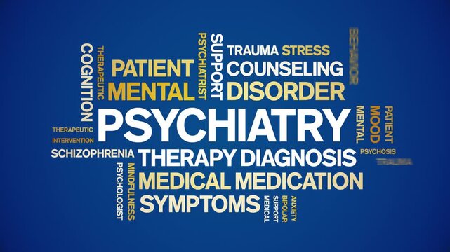 Psychiatry animated word cloud-text design animation tag kinetic typography seamless loop.