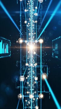 Abstract digital network with glowing nodes and connecting lines on dark blue background