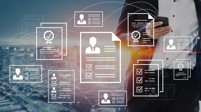 Business professional reviewing digital resumes and candidate profiles in a modern urban setting with abstract networking graphics in the background. Entropy.