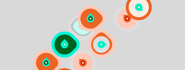 Fototapeta premium Abstract circles, orange, teal, gray background. Droplets inside some shapes. Minimalist design, simple geometry, clean aesthetic.