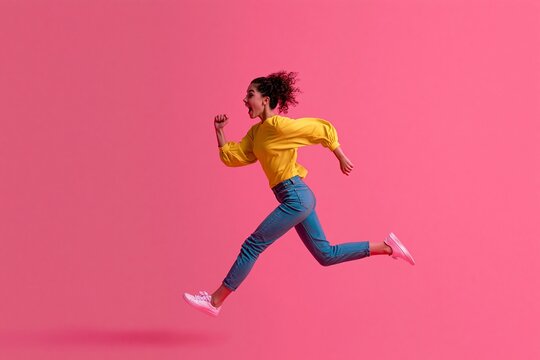 Energetic woman in yellow top, blue jeans, running mid-air against vibrant pink backdrop. She wears white sneakers