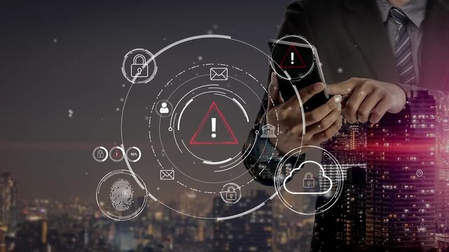 Businessman using smartphone with digital security icons on city skyline background highlighting cybersecurity and data protection risks in modern technology. Entropy.