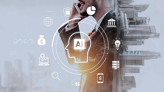 Business Professional Engaged in Communication with AI Graphic Overlay of Technology and Urban Landscape. Entropy.