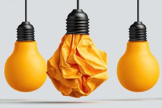Yellow light bulb idea concept with crumpled paper bulb representing creativity and innovation