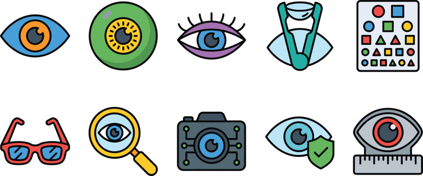 Ophthalmology icons with eye exam chart and vision care tools on white background