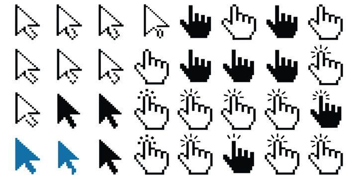 Collection of various mouse cursor pointers and hand click icons for computer user interface design