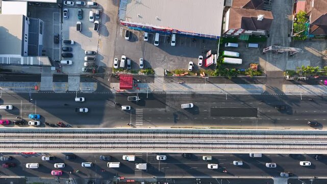 Top Down Aerial View of Bangkok Traffic Road and Railway Intersection Thailand