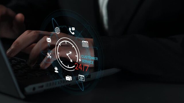 Hands of a professional typing on a laptop showcasing customer service icons and symbols for 24-7 availability in a modern business environment. Entropy.