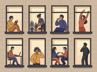 Flat Vector Illustration of Neighbors in Apartment Windows Engaged in Daily Activities, Work from Home, and Lifestyle Routines © UPIL