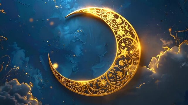 A glowing golden crescent moon shines against a deep blue starry night sky background
