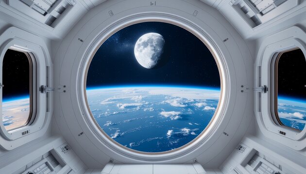 Space station window view shows Earth and moon in space