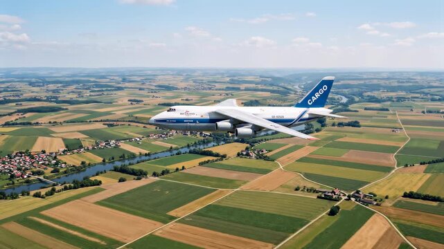 Large cargo airplane flying over agricultural fields during daytime.