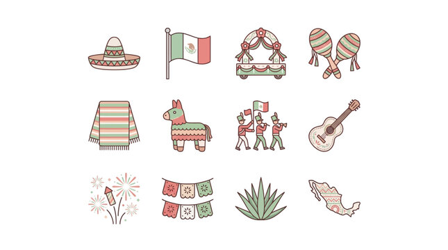 Colorful Mexican cultural icons with festive elements