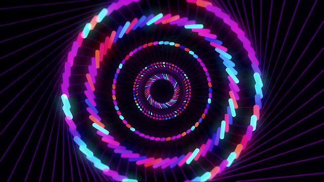 Abstract neon light tunnel with rotating glowing circular pattern motion