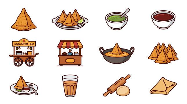 Colorful illustrations of samosas and street food scene