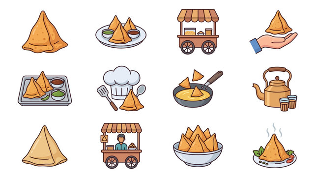 Colorful illustrations of samosas in various settings