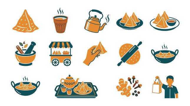 Colorful illustrations of samosas and tea preparation