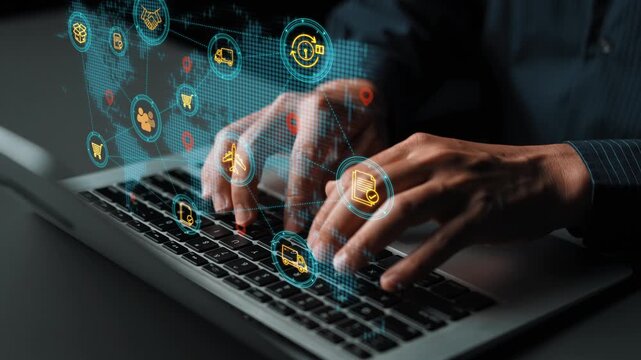 Hands Typing on Laptop with Digital Icons Representing Technology, Communication, and Connectivity in Global Network Background. Entropy.