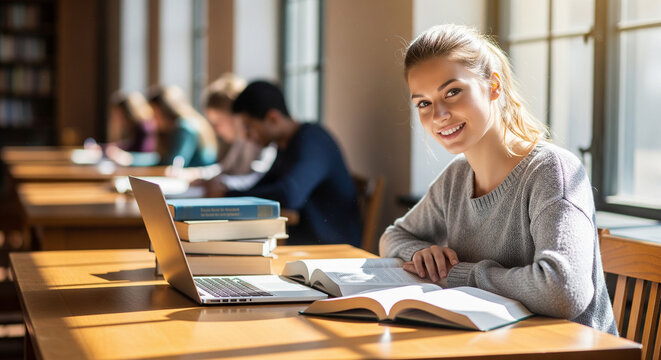 Smiling female student studying with laptop in library perfect for successful university education and professional learning plan