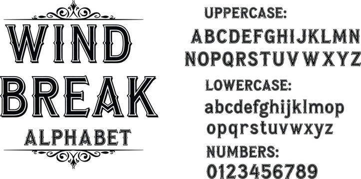 Wind Break Alphabet decorative typeface illustration collection, vintage lettering artwork, ornate motif design composition, typography vector set, ornamental graphics