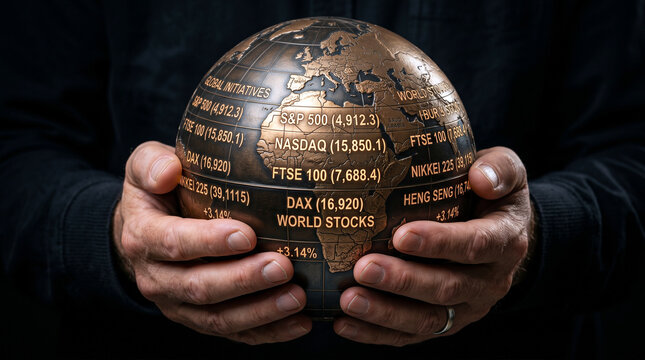 Hands Cupping Bronze Globe Engraved with World Stock Market Indices S&P 500 NASDAQ FTSE DAX Nikkei