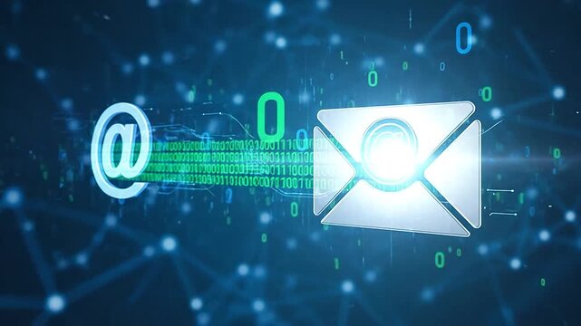 A digital email symbol travels through a network of binary code and data connections