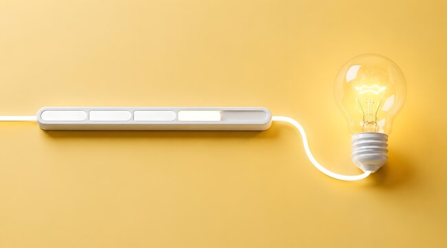 Glowing lightbulb connected to a digital loading progress bar on yellow background for innovation concept